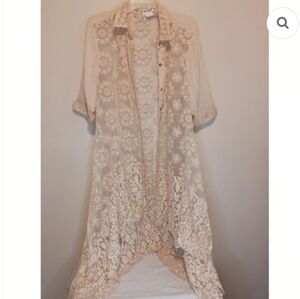 Tlew De Lis Anthropologie Cream Lace Long Shirt Jacket Duster Shawl Like New S